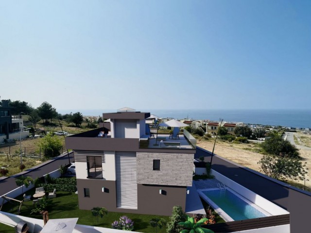 Villas with private pools, mountain and sea views, close to the sea in Esentepe.