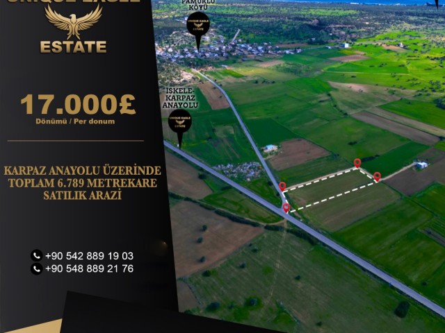 KARPAZ ANAYOLU ÜZERİNDE TOPLAM 6.789 (5 DÖNÜM)METREKARE SATILIK ARAZİ  17.000£ DÖNÜMÜ