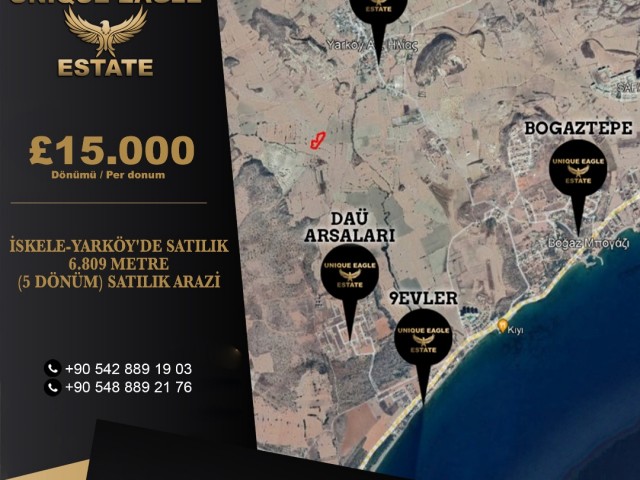 ISKELE-YARKÖY'DE SATILIK 6.809 METRE (5 DÖNÜM) SATILIK ARAZİ  £15.000 DÖNÜMÜ