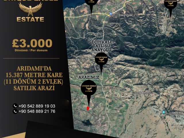 ARIDAMI'DA 15.387 METRE KARE (11 DÖNÜM 2 EVLEK)  SATILIK ARAZİ £3.000 DÖNÜMÜ  