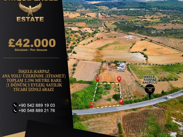 FOR SALE COMMERCIAL 2.396 SQUARE METERS (1 DONUM 3 EVLEKS) LAND ON İSKELE-KARPAZ MAIN ROAD (ZİYAMET)