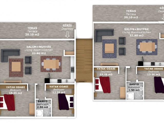 2+1 Stadthäuser mit Gärten und Dachterrassen zum Verkauf in Ozanköy, der herrlichen Region Kyrenia, 5 Minuten vom Zentrum entfernt.