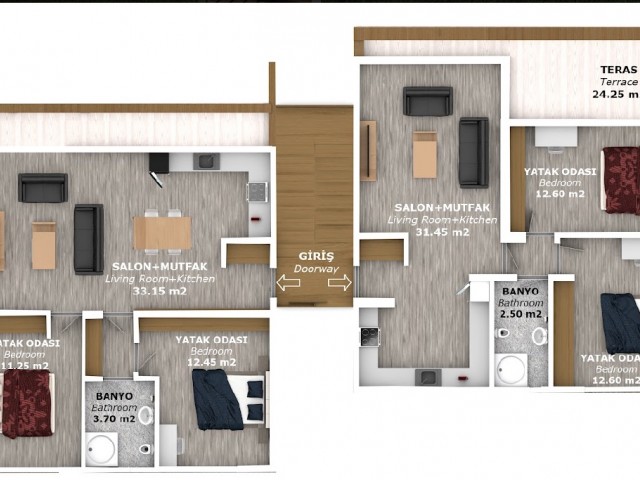 2+1 Stadthäuser mit Gärten und Dachterrassen zum Verkauf in Ozanköy, der herrlichen Region Kyrenia, 5 Minuten vom Zentrum entfernt.