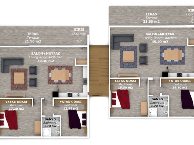 2+1 Stadthäuser mit Gärten und Dachterrassen zum Verkauf in Ozanköy, der herrlichen Region Kyrenia, 5 Minuten vom Zentrum entfernt.