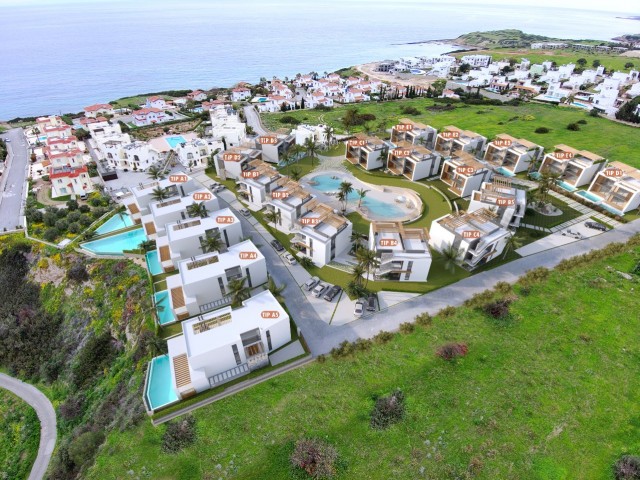 Zu 80 % fertiggestellte, sehr gut für Investitionen geeignete Ferienwohnungen in Kyrenia Esentepe, 100 Meter vom Meer entfernt. Innerhalb der Website.