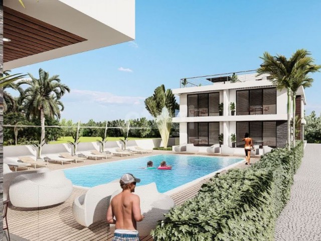 Apartment 1+1, 47m2, with its own terrace and access to the pool in a closed limited low-rise complex Aquamarine Bogaz Mansions in Boaz