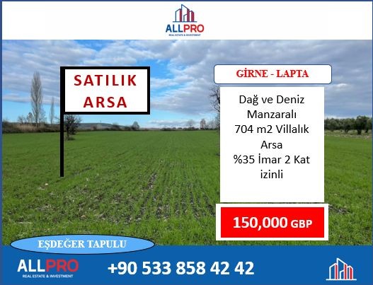 Girne- Lapta’da Dağ Ve Deniz Manzaralı 704m2 Eşdeğer Villalık Arsa. £150,000.