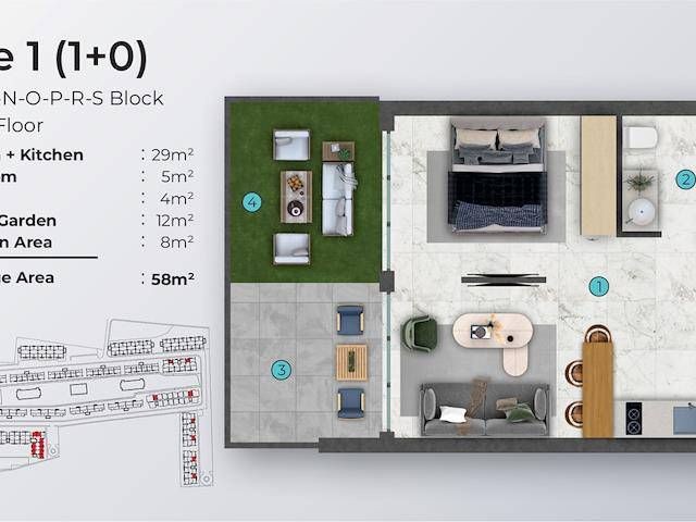 Modernes 1+0 Studio-Apartment mit privatem Garten in Iskele Long Beach