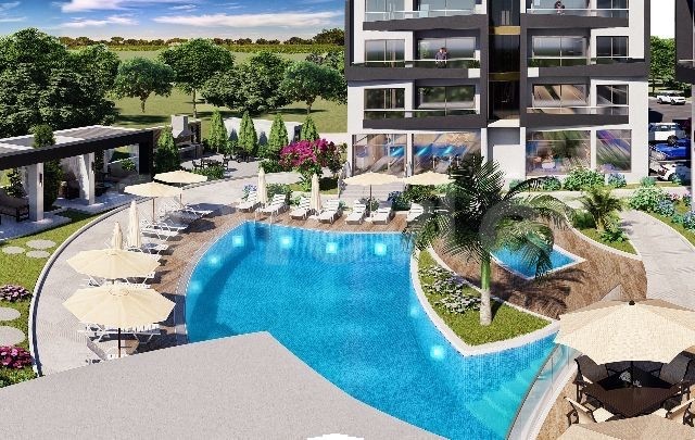 1+1 FLAT FOR SALE in İskele Bahçeler with mountain and sea view and shared pool