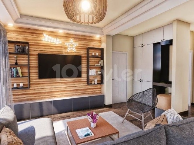 آپارتمان 3+1 برای فروش در İskele Bahçeler در محیطی فوق العاده با استخر مشترک با منظره کوه و دریا آماده تحویل.