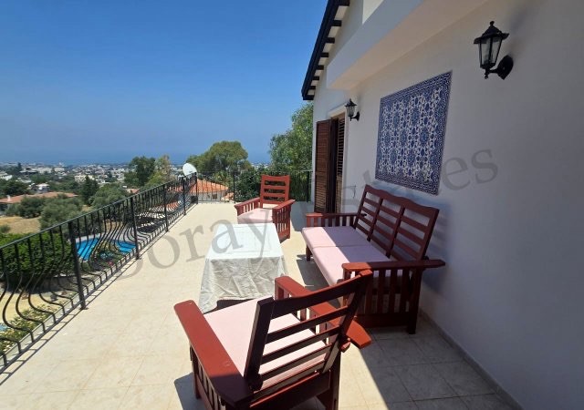 3+1 Villa with Pool on 750m2 Land with Magnificent Sea and Mountain View in Alsancak