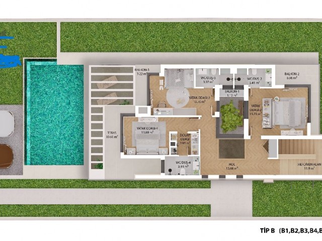 6 6+1 villas for sale in Ozanköy/Girne region with basement, pool and 2 indoor car parks.