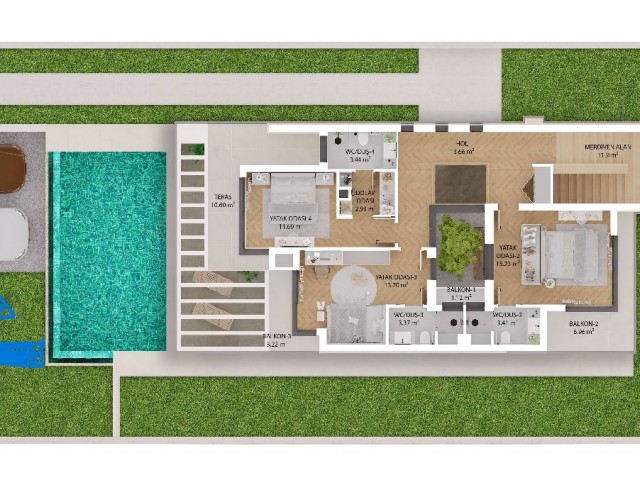 6 6+1 villas for sale in Ozanköy/Girne region with basement, pool and 2 indoor car parks.