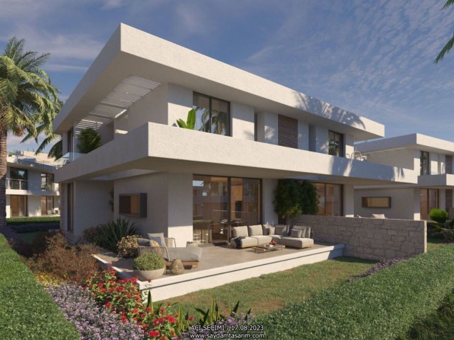 3+1 Semi-Detached Villas for Sale within a Fully-Equipped Holiday Village Project Offering a Common Pool and Many Activity Opportunities, Very Close to the Corenium Golf Club on Kyrenia Esentepe Road