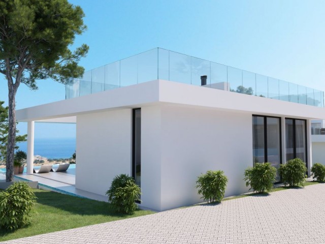 2+1 moderne Villen mit grünem Dach zum Verkauf in einem neuen Projekt mit herrlichem Meer- und Bergblick in Esentepe
