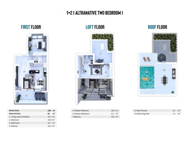 2+1 loft flats with roof terrace and pool on the 1st floors of the new project in Iskele/Kocatepe