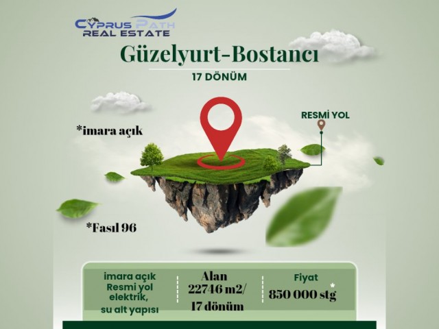 Güzelyurt- aşağı bostancı fasıl 96 resmi yolu, elektrik ve su alt yapısı hazır 17 dönüm.