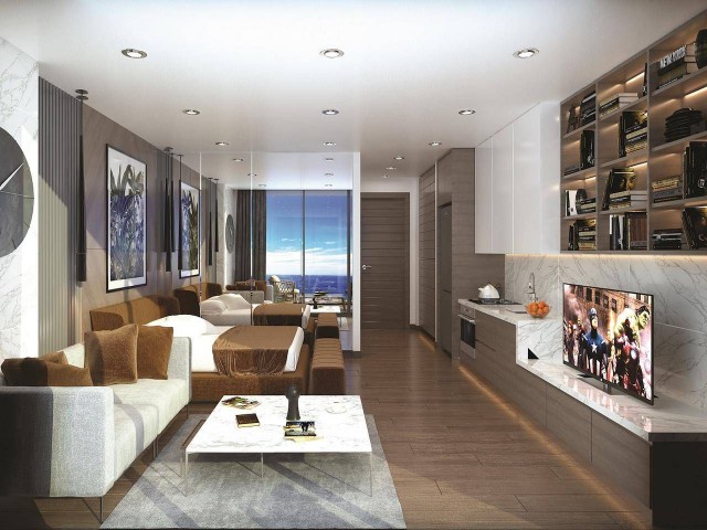 Apartment mit vollem Meerblick in Iskele Long Beach, Sapphire Resort aus einem großartigen Projekt mit Hotelkonzept