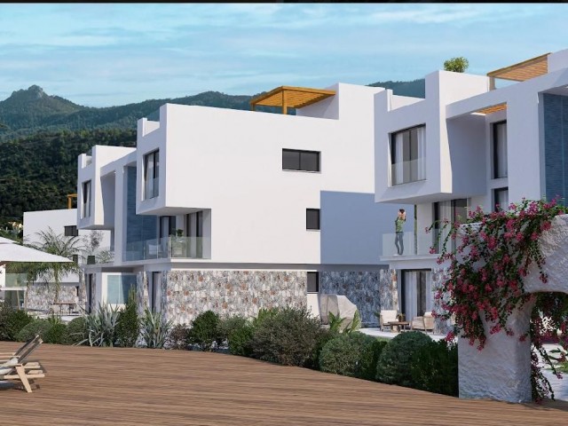 Bungalows, Apartments and Dublex Penthouse for Sale in a Magnificent Site Located 300 m from the Sea in Esentepe