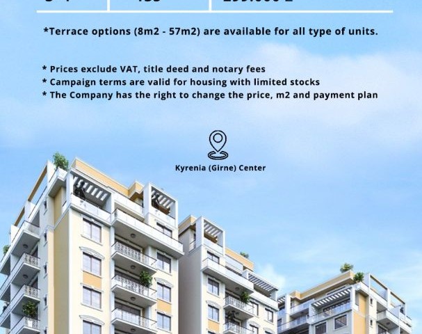 آپارتمان 1+1، 2+1 و 3+1 برای فروش با موقعیت مکانی عالی و چشم انداز در مرکز منطقه گیرنه