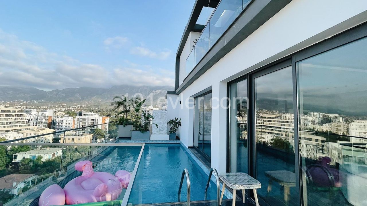 TURKISH TITLE ! 3+1 FULLY FURNISHED PENTHOUSE FLAT FOR SALE  WITH PRIVATE POOL IN KYRENIA CENTER