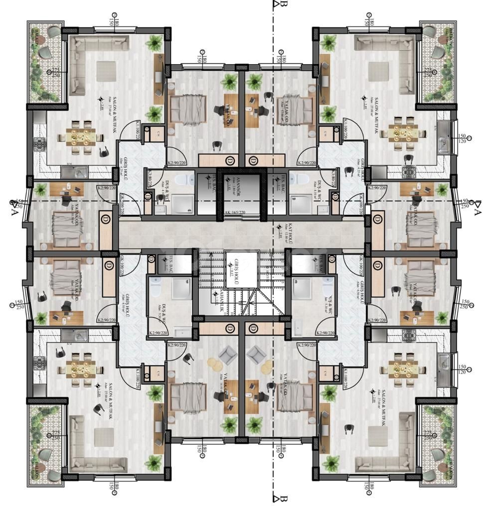 Küçük Kaymaklı Merkezi Konumda 2+1  110 m² Kapalı+60 m² Teraslı Asansörlü Türk Malı Satılık  Penthouse 88,000 Stg