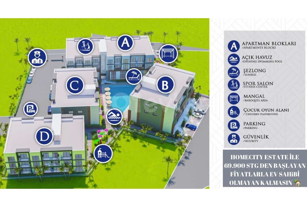 90 m2 geräumige 2+1 Loft-Wohnungen in einem Komplex mit Pool in der Region Famagusta Çanakkale ❕❕