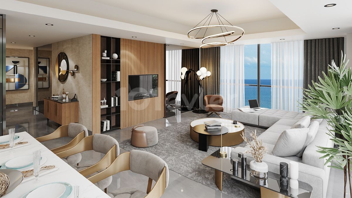 Kuzey Kıbrıs İskele Long Beach'te otel konseptli denize sıfır muhteşem proje 1+1 daireler