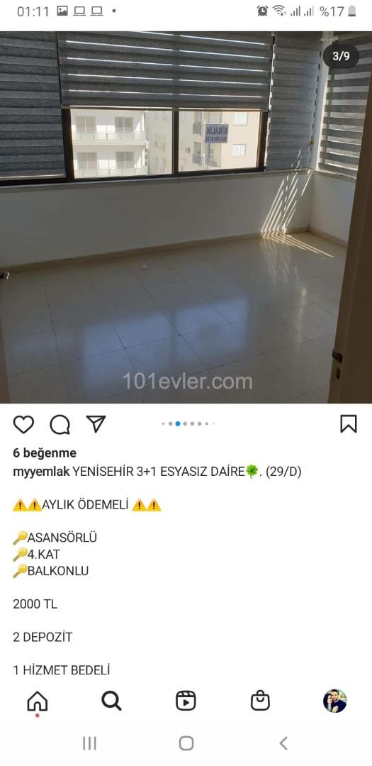 YENİŞEHİR'DE 2500 TL'YE AYLIK ÖDEMELİ 3+1 EŞYASIZ KİRALIK OFİS