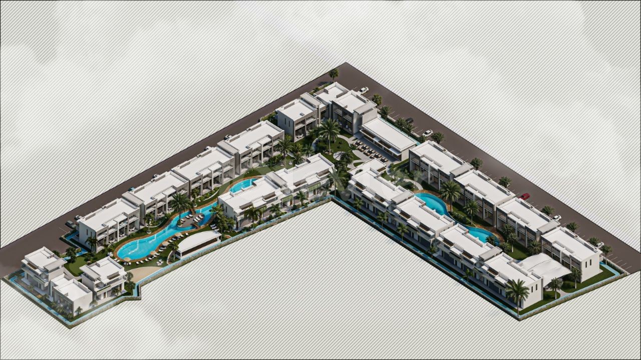 Unser neues Projekt mit 1, 2 und 3 Schlafzimmern (Loft & Studio, Penthouse und ähnliches) mit Pool und Restaurant, das eines der größten Projekte von Girne Karşıyaka sein wird