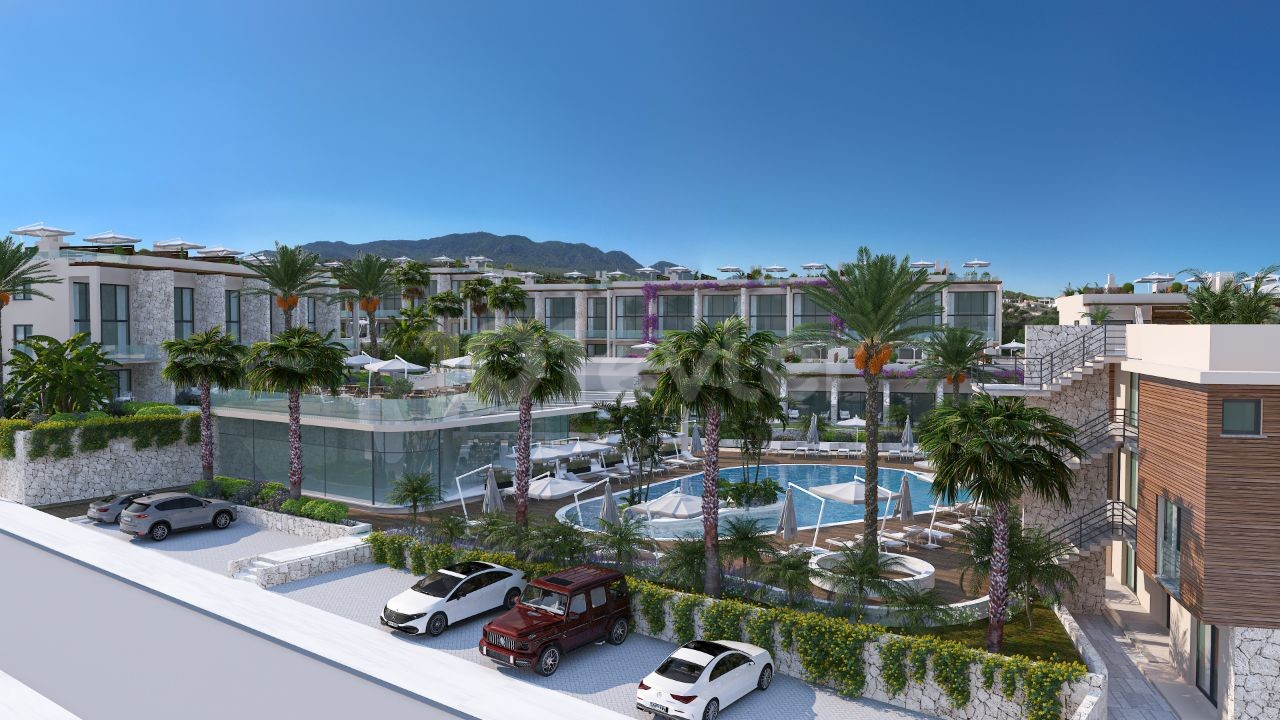 Unser neues Projekt in Girne Esentepe mit Studio- und 1- oder 2-Loft-Schlafzimmer-Wohnungsoptionen mit Gemeinschaftspool, Parkplatz und Restaurant im Zentrum