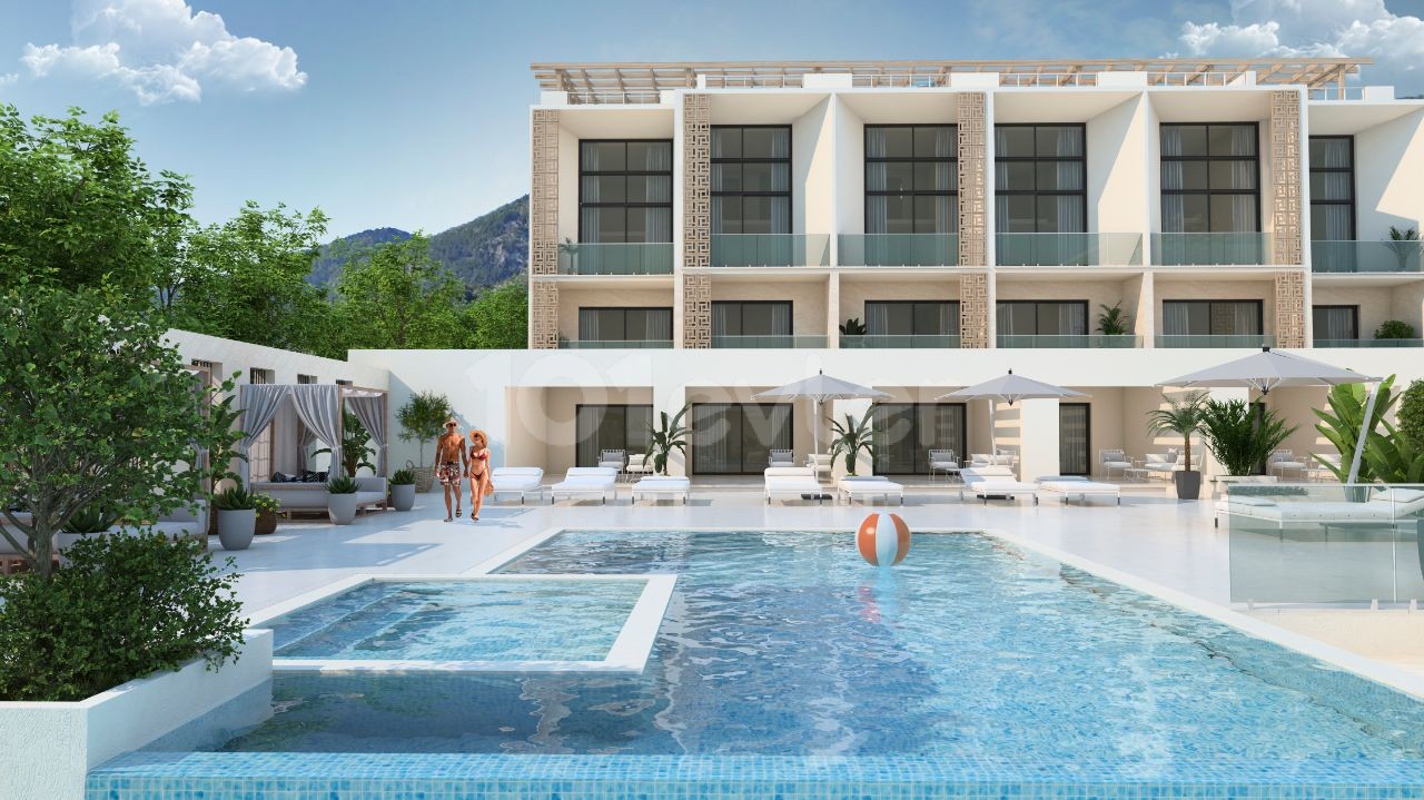 Unser neues Projekt in Girne Lapta, bestehend aus Apartments mit 1 und 2 Schlafzimmern, Berg- und Meerblick, Loft- und Maisonette-Wohnungen mit Gemeinschaftspool