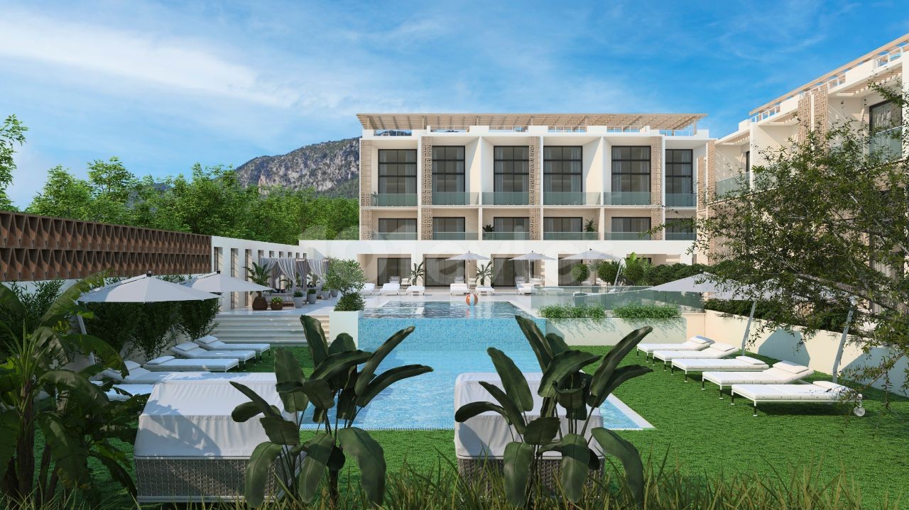 Unser neues Projekt in Girne Lapta, bestehend aus Apartments mit 1 und 2 Schlafzimmern, Berg- und Meerblick, Loft- und Maisonette-Wohnungen mit Gemeinschaftspool