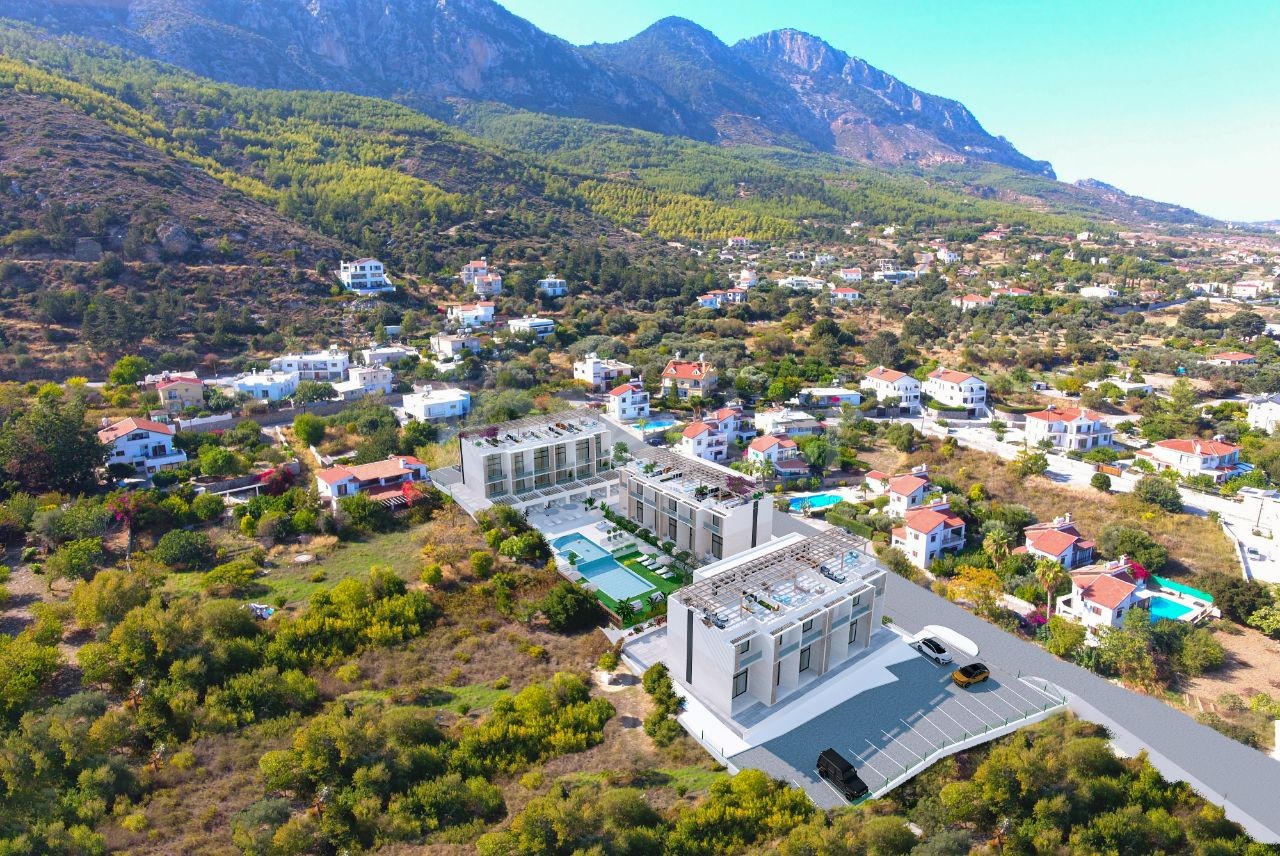 Unser neues Projekt in Girne Lapta, bestehend aus Apartments mit 1 und 2 Schlafzimmern, Berg- und Meerblick, Loft- und Maisonette-Wohnungen mit Gemeinschaftspool