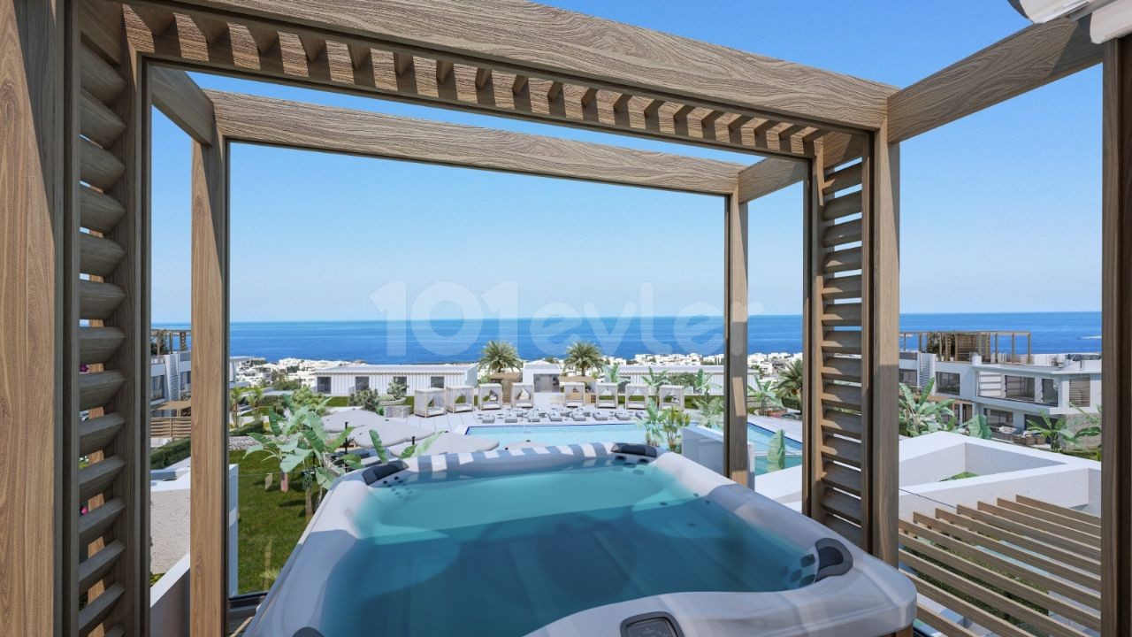 Kyrenia Esentepe 2 & 3 Schlafzimmer Central Sunbed Shared Pool mit Sonnenliegen Back Mountain Front Open to the Sea Unser neues Projekt