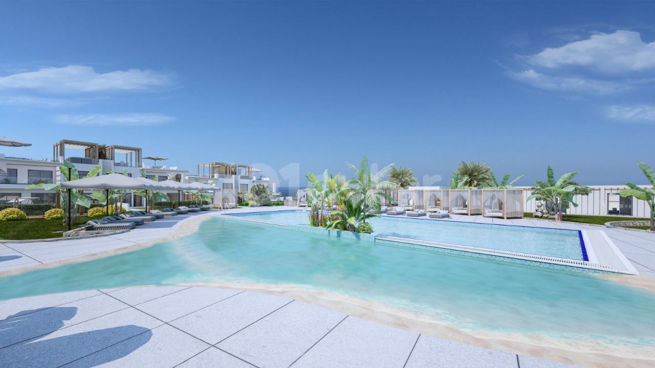 Kyrenia Esentepe 2 & 3 Schlafzimmer Central Sunbed Shared Pool mit Sonnenliegen Back Mountain Front Open to the Sea Unser neues Projekt