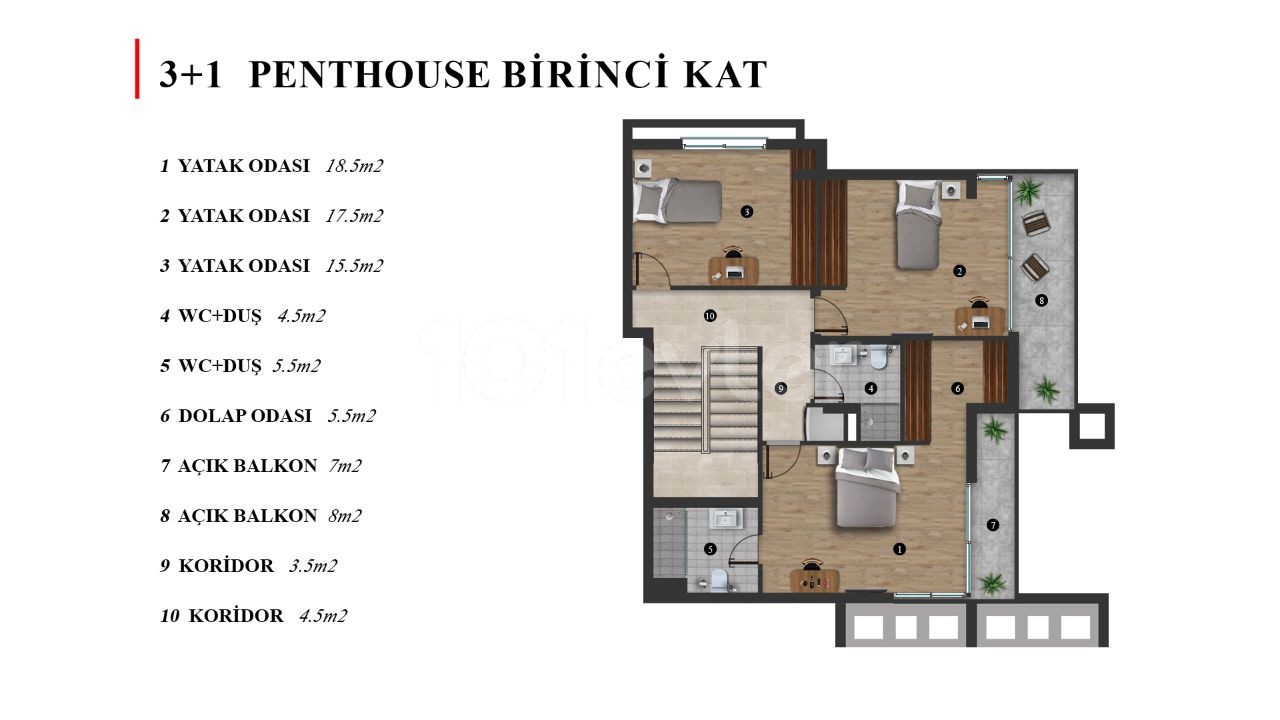 3+1 Dubleks Çatı Katı. 200 m² Kapalı Alan, 90 m² Teras, 30 m² Özel Havuz ve Sonsuz Deniz Manzaralı.