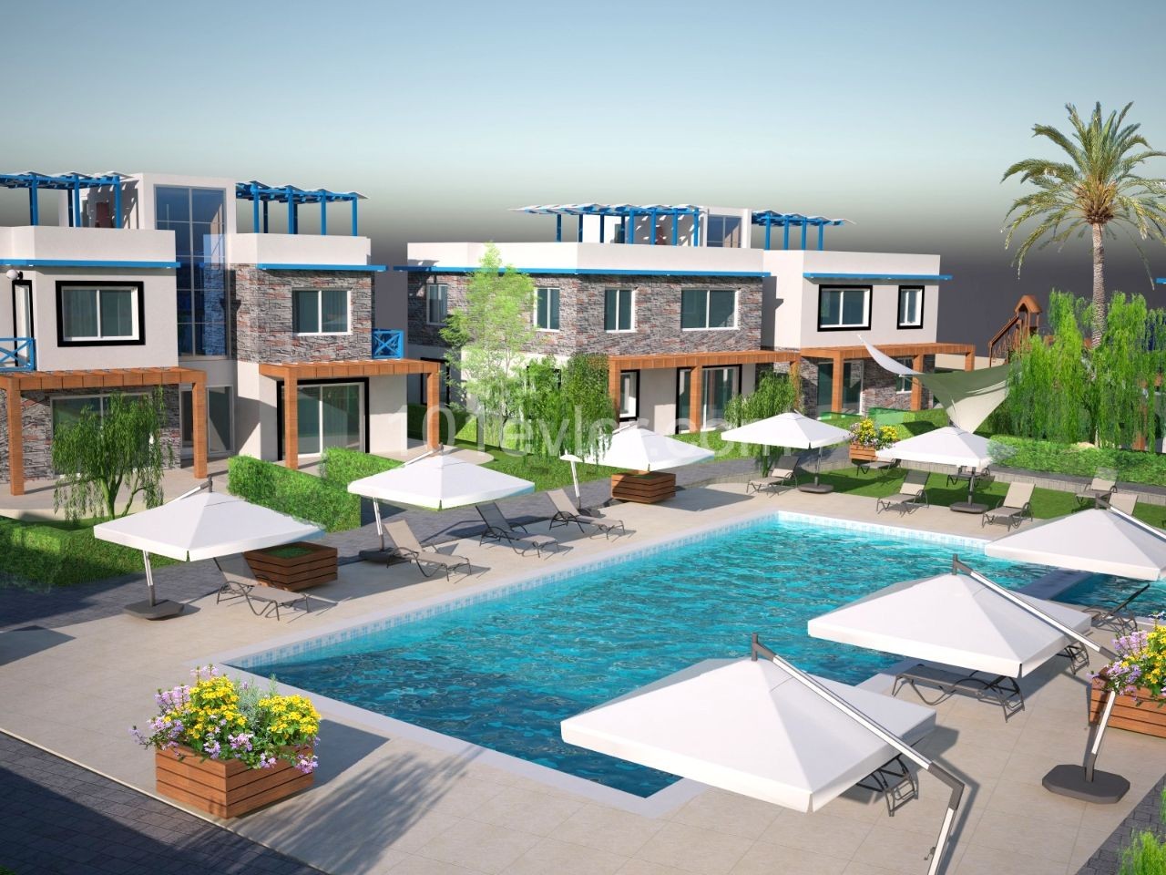 Turkish deed apartments in a complex with a pool, 300m from the sea in Karsiyaka, Girne. With ground floor or upper floor terrace options.05338403555 ** 