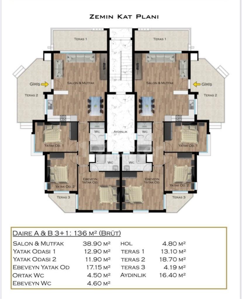 3+1 ground floor flat for sale in Gonyeli