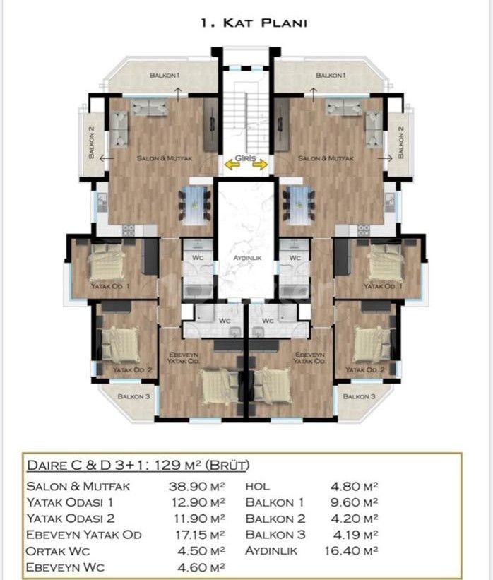 آپارتمان 3+1 برای فروش در گونیلی