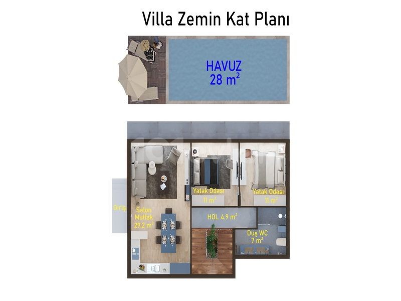 Modern 3+1 Villalar + Özel Havuz + Çatı Teras + Esrarengiz dağ ve deniz manzaralı 