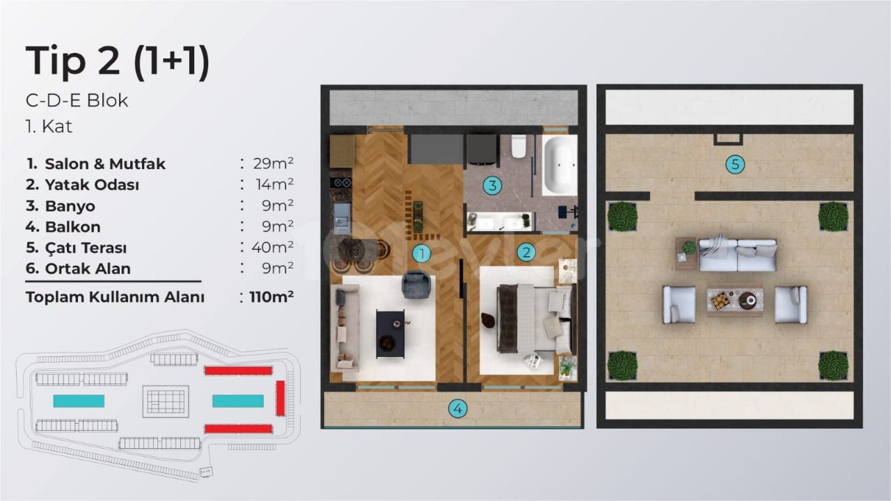 1+0, 1+1, LOFT-LUXUSWOHNUNGEN ZUM VERKAUF IN İSKELE / BOGAZ