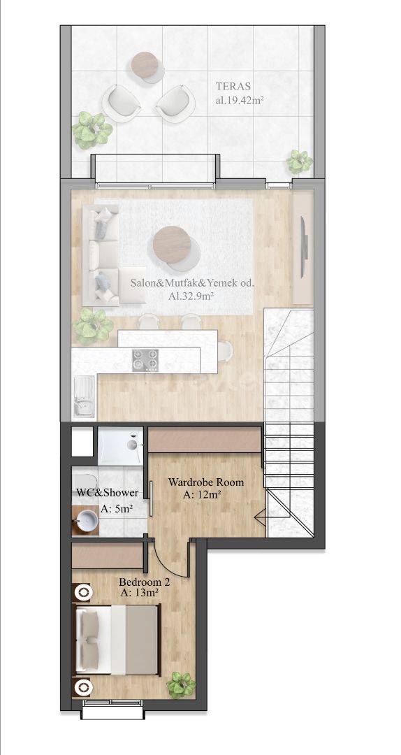 Magusa Yeni Bogazici'nde Yatirim Firsati! Satilik Birinci Kat Terasli 2+1 Loft ve 1+1 Daireler.