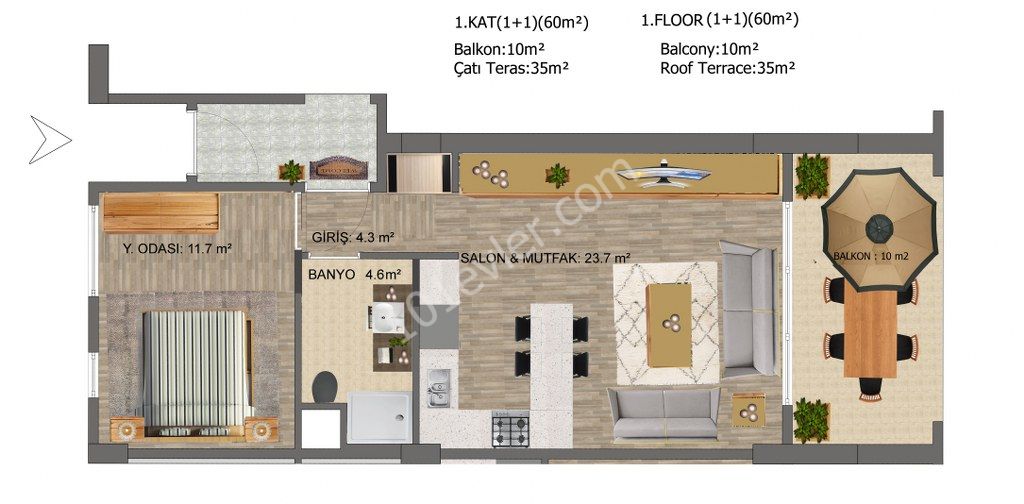 Lapta'da denize yürüyüş mesafesinde ortak havuzlu lüks sitede kapalı alan 60m² terası 35m² olan 1+1 satılık daire (teslim tarihi aralık 2019)