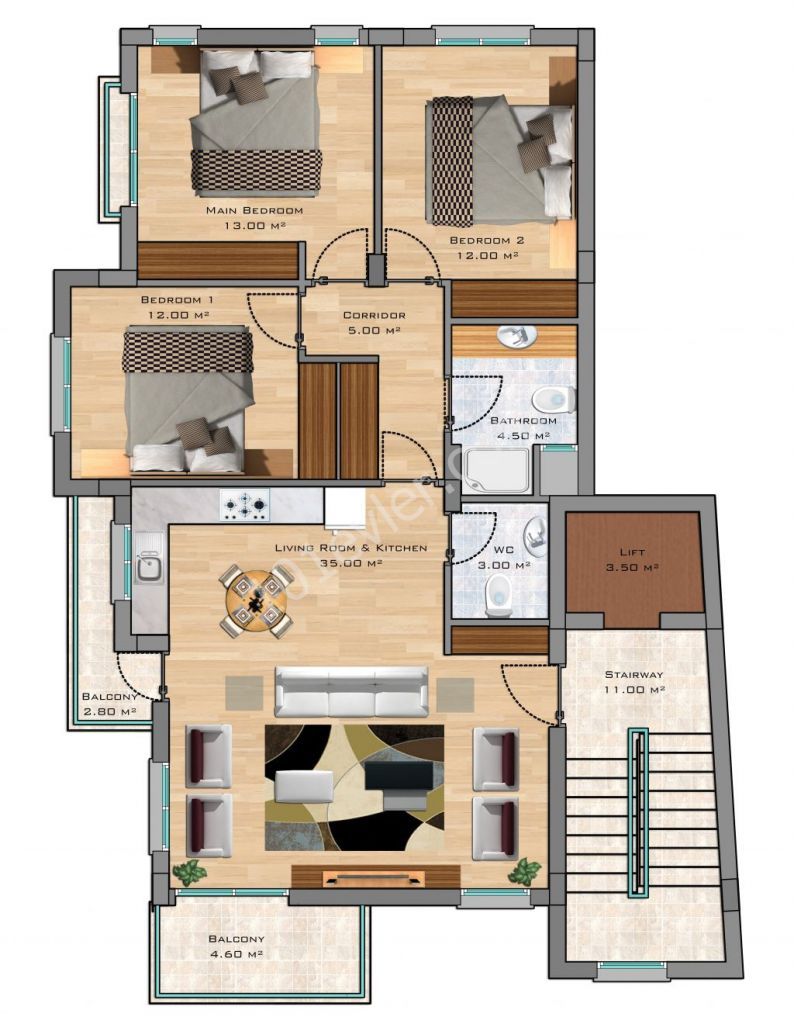 GİRNE MERKEZDE 98 M2 TÜRK MALI 2+1 DAİRELER 20.000 STG PEŞİN AYDA 500 STG TAKSİTLERLE