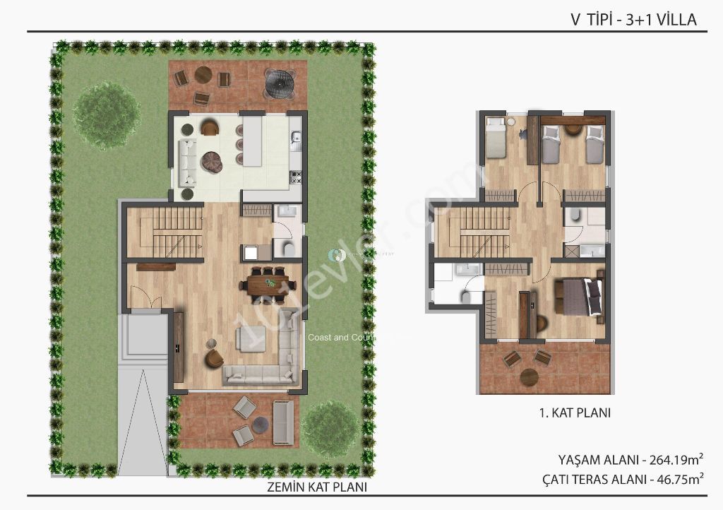 3+1 müstakil lüks villa, özel bahçeli ve çatı teraslı