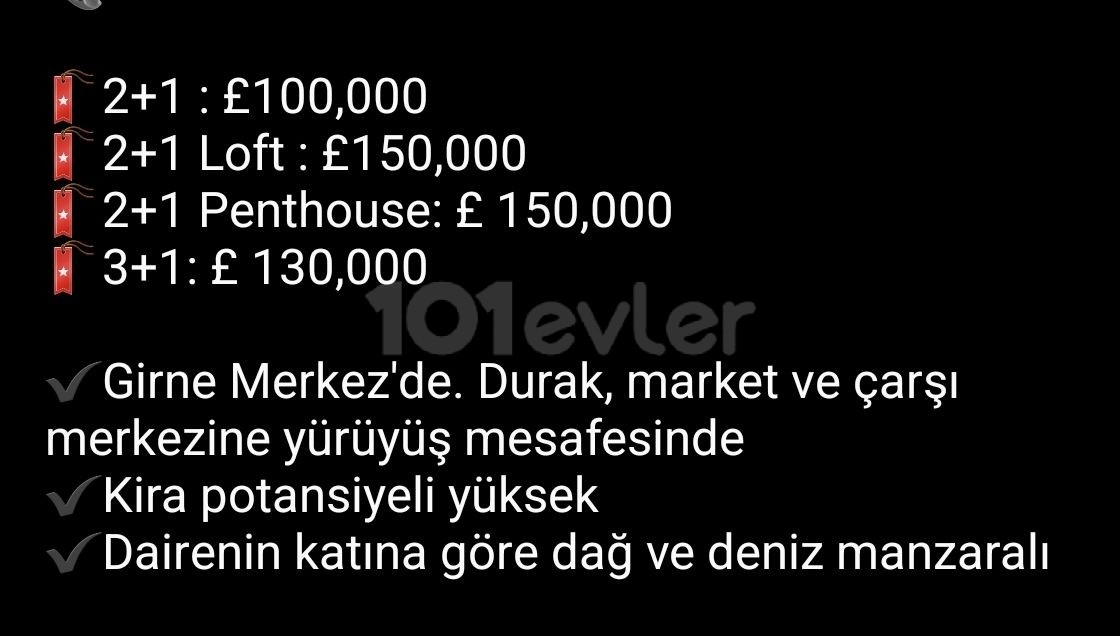 Girne merkez Passuci ve Caliope mağazaları bölgesi ( 2+1), 3+1 daireler ve Penthouse YÜKSEK KİRA GETIRISI GARANTİLİ.