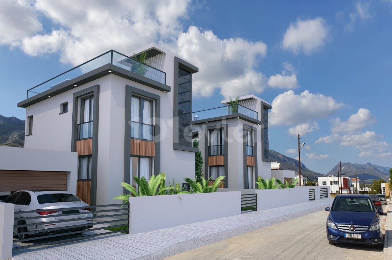 High-rise villas with mountain and sea views and private pools in Çatalköy.