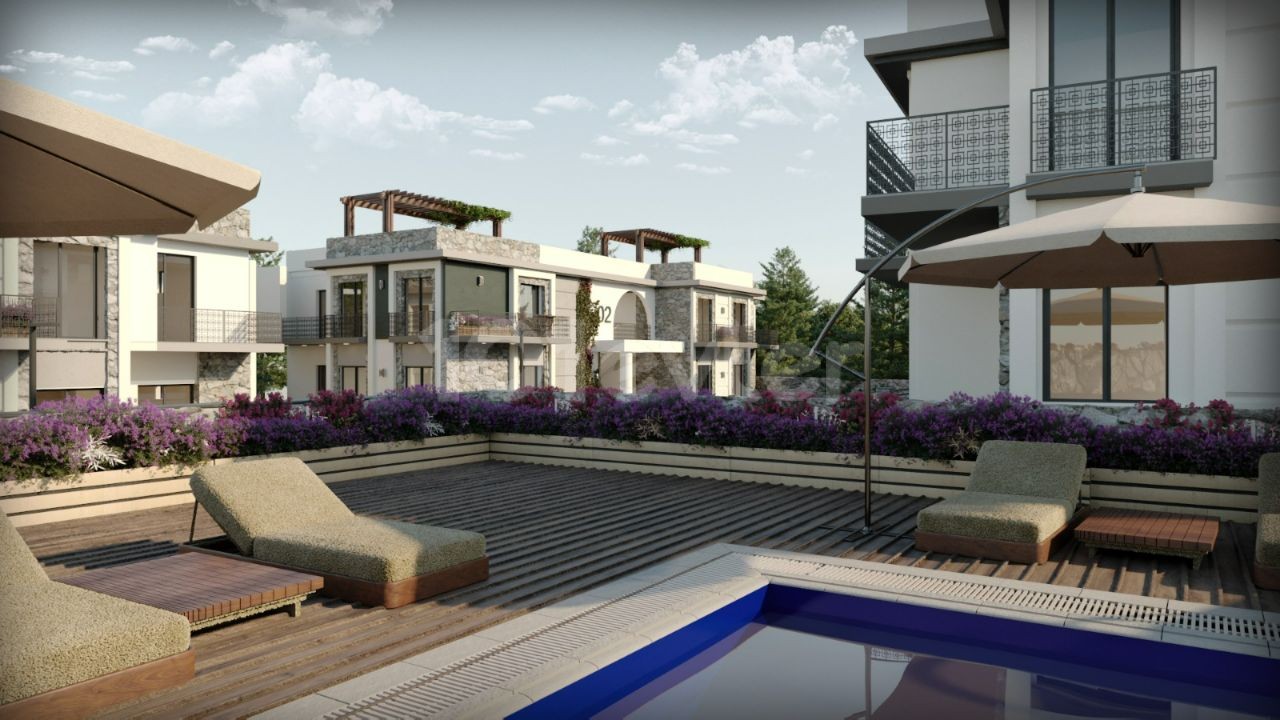 Гирне Чаталкой Квартира 3+1 в стиле виллы с садом в комплексе с бассейном