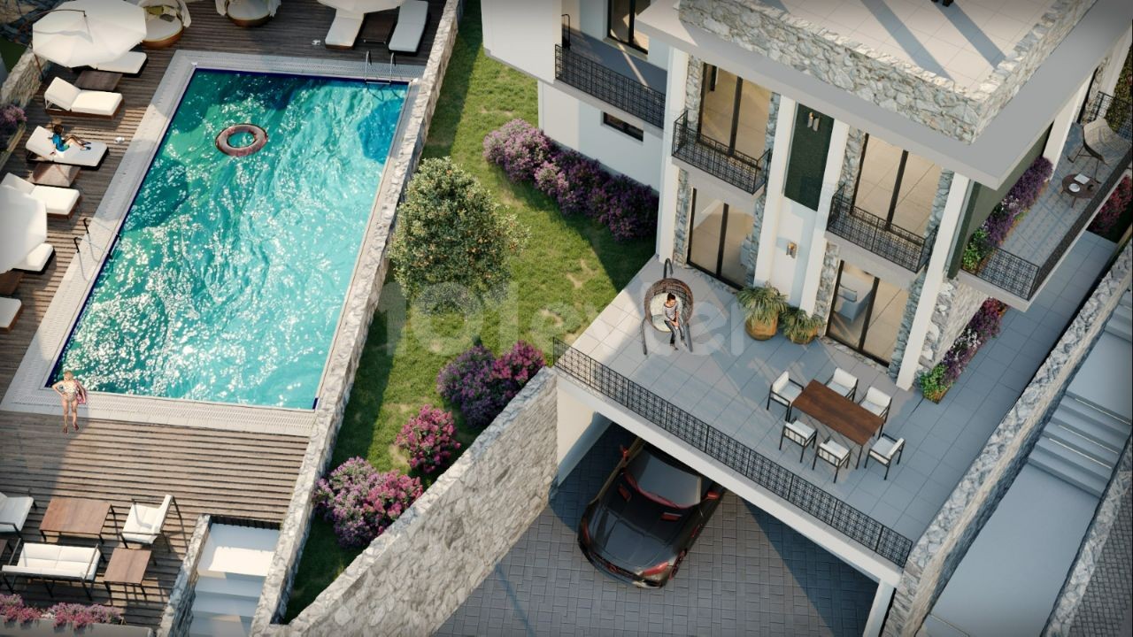 Girne Çatalköy Villa-Stil 3+1 Wohnung mit Garten in einem Komplex mit Pool